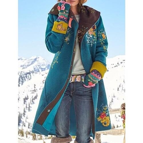 2020 fall/winter new hooded womens mid-length print blouse long sleeve woolen fashion jacket