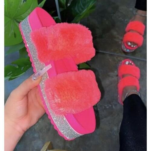 MS home anti-skid Spring/summer new 2020 new rhinestone thick bottom hairy slippers ladies plus size foreign trade hairy sandals