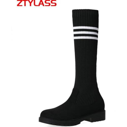 2021 Autumn Winter Knitting Women Knee High Boots Suede Thick Heel Stretch Sock BootsComfort Round Toe Big Size Ladies Shoes