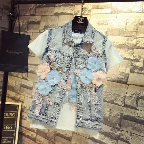 2018 Summer New Fashion Womens Embroidery Denim Coat Girl Student Peony Flower Gloria Jeans Vest Coats Ladies Slim Tops Vests