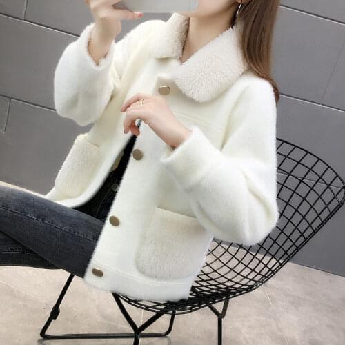 2020 Imitate Mink Cashmere Short Coat Women Autumn Winter Knitted Sweater Cardigan Jacket With Fur Collar Loose Solid Tops y063