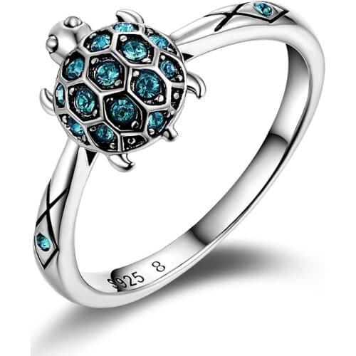 925 sterling silver Ring Turtle Sky Blue Clear Crystal Ring For womens jewelry best gift for Lovely