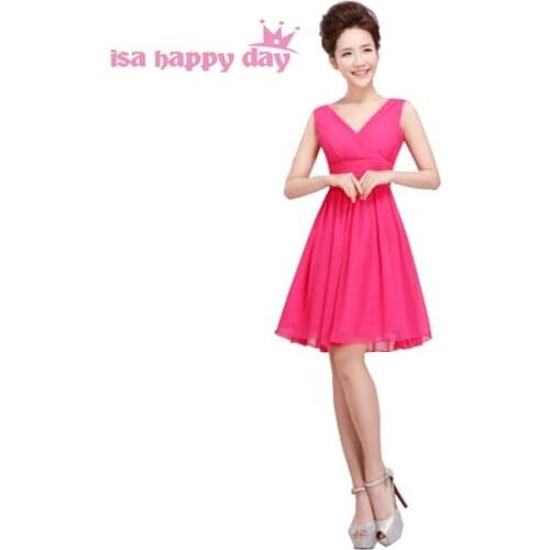 Robe de soiree 2020 short show beautiful party hot ponk sleeveless chiffon v neck dress bridesmaid dresses fuchsia H1180