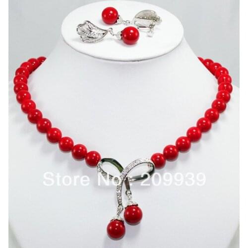 Womens jewelry red bead necklace earring set