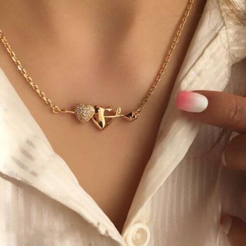 1 Pcs Fashion Women Necklaces Double Heart Crystal Hollow Arrow Pendant Clavicle Chain Gold Necklace Simple Party Jewelry