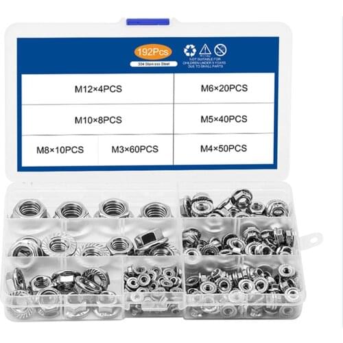 192Pcs/Box M3 M4 M5 M6 M8 M10 M12 304 Stainless Steel Metric Flange Nuts Hexagon Flange Nuts Assortment Kit DIN6923