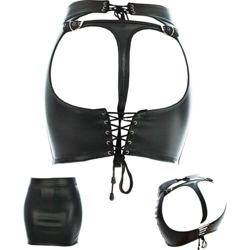 BDSM Fetish Slave Spanking Skirt PU Leather Open Hip Bondage Sexy Lace Up Erotic Dress S&M Adult Game Sex Toy Products Costume