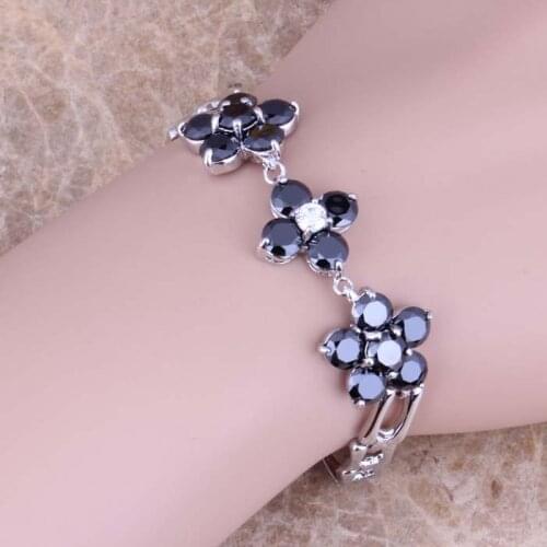 Alluring Black Cubic Zirconia Silver Plated Link Chain Bracelet 7 - 8 inch S0533