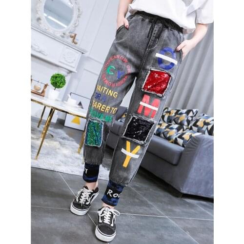 Sequin patchwork leisure jeans women letter print jeans lady spring loose jeans for women 2020 oversized streetwear lacing jeans