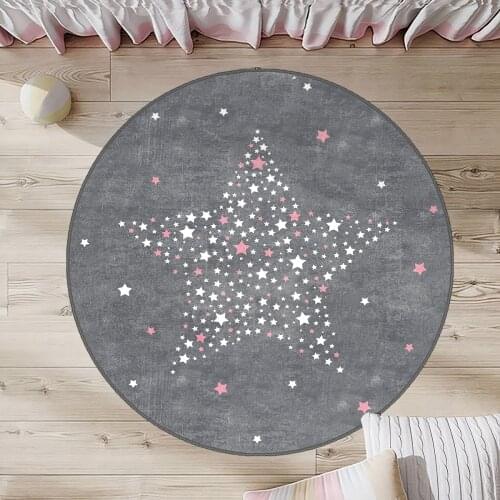 Gri Yuvarlak Çocuk Odası Halısı pembe beyaz yıldız