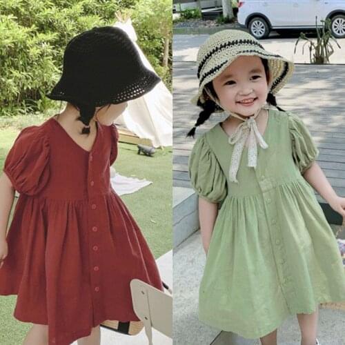 Summer Retro Cute O-Neck Puff Sleeve Dress For Girls Korean style Kids Single breasted Casual Princess Dresses