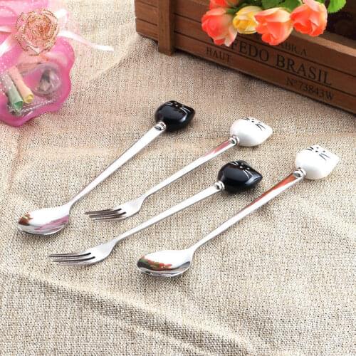 Cute Black/White Cat Stainless Steel Spoon Fork Cartoon Lovely Coffee Milk Tea Honey Drinks Ceramic Stir Spoon Fruit Fork Gift