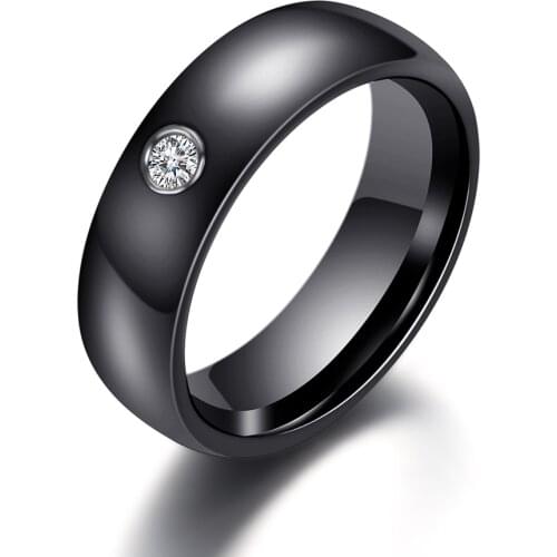 Fashion Men Women Black White Ring Ceramic Ring For Women With Big Crystal Wedding Band Ring 6mm Size 6-10 Gift