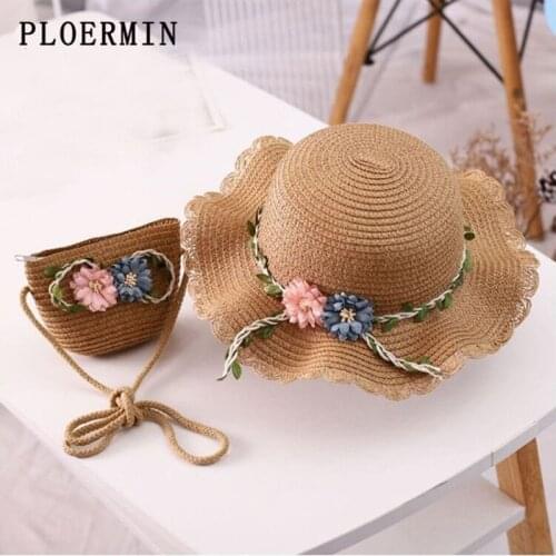 Fashion Flower Children Sun Hats cute girl Bags Suit Summer Beach Straw Hats For Girl UV Protection Sun Hat For 2-7 Years Old