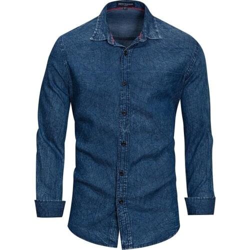 New Arrival Denim Shirt Men Long Sleeve Plus Size Casual Plaid Shirts 100% Cotton Male Brand Shirt