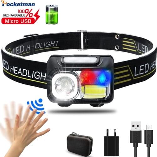 60000LM USB Rechargeable Headlamp Red/Blue Light Body Motion Sensor Headlight Head Lamp Lantern Camping Light Built-in Battery