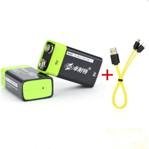 2pcs ZNTER 600mAh USB 9V rechargeable battery 6F22 rechargeable lithium battery + 1PCS 2 in 1 Micro USB charging cable