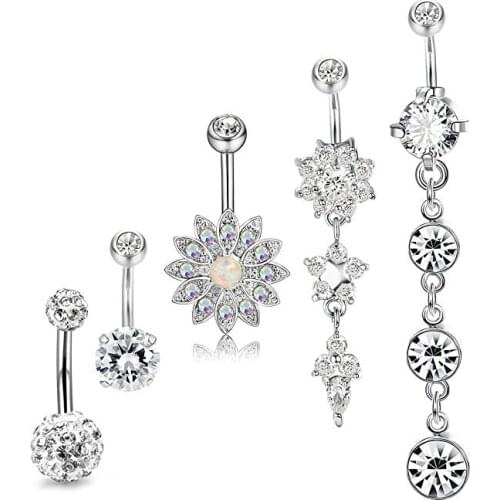 5PCS 14G Stainless Steel Belly Button Rings Navel Body Jewelry Belly Piercing CZ Inlaid