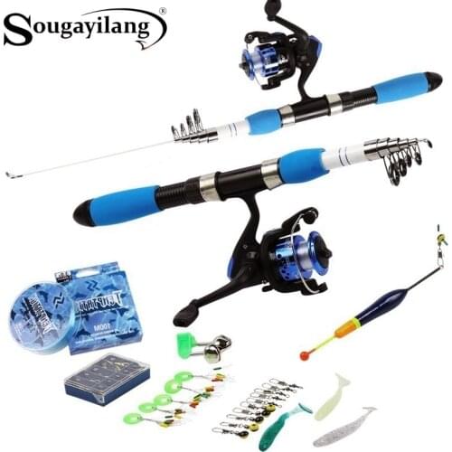 Sougayilang Portable Telescopic Fishing Travel Combo 1.0-1.8m Fishing Rod and Spinning Blue Reel Baits Hooks Line Full Set