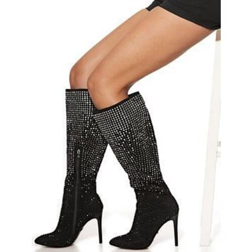 Black Suede Crystal Thin High Heel Boots Sexy Pointed Toe Zipper Dress Women Boots Spring Autumn Shiny Boots Rhinestone Twinkle