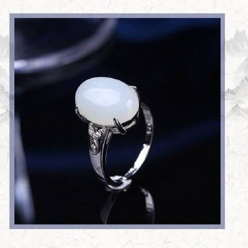 Xinjiang natural Hotan White Jade ring female 925 Silver Inlaid Jade Ring