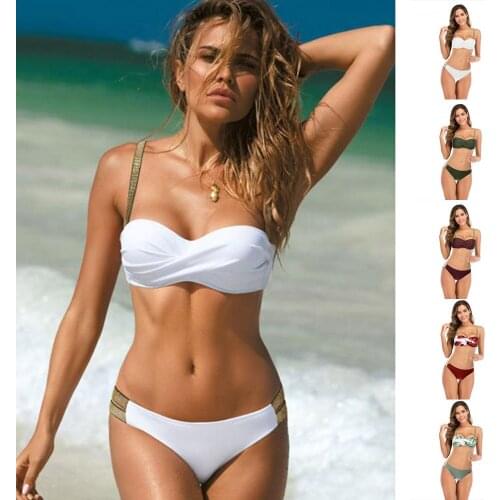 Sexy Pleated Shoulder Straps Adjustable and Slim Flashing 2-piece Swimsuit Solid Color Printed Open Back Small Fresh Swimsuit