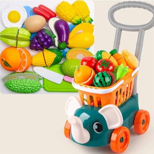 Funny Simulation Mini Supermarket Shopping Cart Trolly w/ Vegetable Fruit Playset Preschool Creative Playing Learning Toys