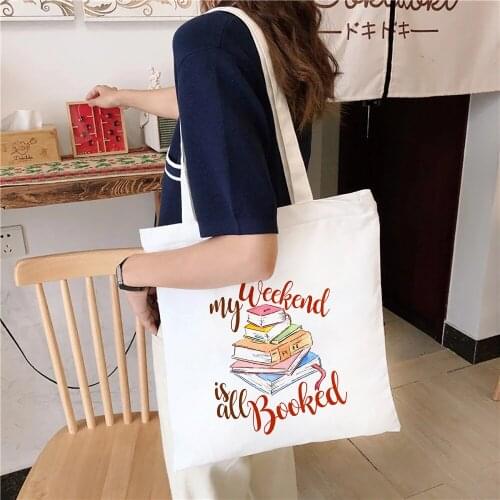 My Weekend Is All Booked White Canvas Shoulder Bag Women Shopping Eco Handbag Casual Tote Books Bag Shopping Bag High Capacity