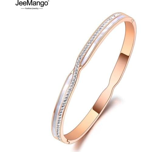 JeeMango Trendy CZ Crystal 5mm Cuff Bangles For Women White Shell Titanium Stainless Steel Bracelets Jewelry For Women JB20188