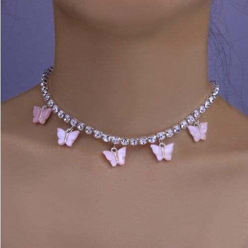 Colorflu Butterfly Necklaces For Women Rhinestone Choker Pendant Necklace Crystal Tennis Chain Gothic Jewelry Collares