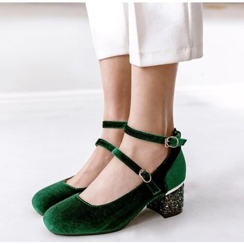 YMECHIC 2018 Ladys Green Autumn Spring Mary Jane Party Shoes 5cm Medium High Chunky Heels Flock Buckle Ankle Strap Womens Pumps