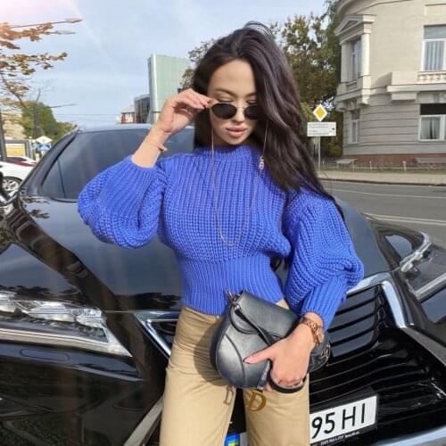 New Fashion Women' Sweater Jumper Lantern Sleeve O neck Elegant Casual Blue Color Knitted Crop Tops Fashion Solid Lady Pullover