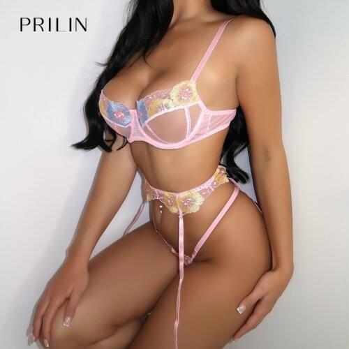 PRILIN Women Sexy Lingerie Set Transparent Embroidery Floral Push Up Bra Panty Garter Belts Erotic Temptation Sensual Underwear