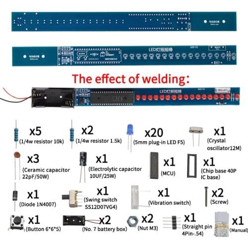 16 Bits POV LED Stick Light Rocker Diy Kit Shaking STC89C52 51 Microcontroller Electronic Solder Kits Blue/Red Display