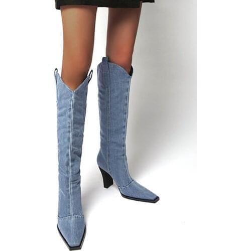 2021 New Womens Knee High Boots Square Toe Denim Long Boots Woman Thick High Heels Ladies Autumn Pumps Female Shoes Rider Boots