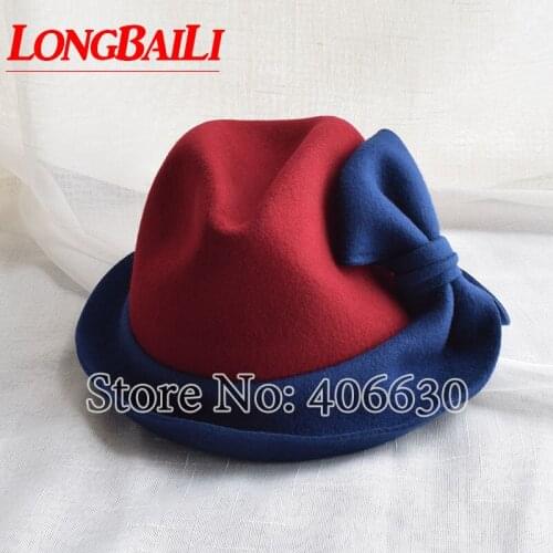 Winter Guaranted 100% Wool Felt Fedora Hat For Women Leisure Patchwork Bow Chapeau Caps Free Shipping ELDW030