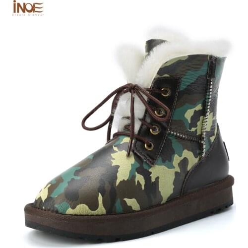 INOE Green Camouflage Real Sheepskin Leather Women Short Ankle Winter Snow Boots Natural Wool Fur Lined Suede Warm Shoes Flats