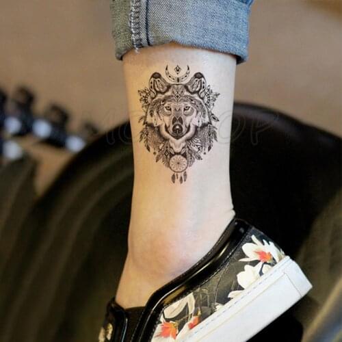 Fake tatoo wolf moon mandala feather flower dreamcatcher totem hand tattoo sticker big black tatto body art for women girl men