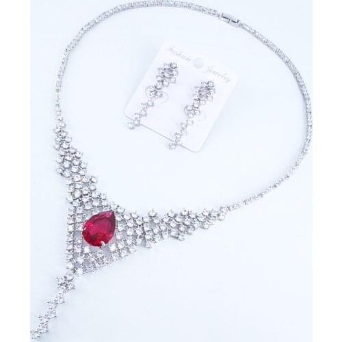 New fashion retro red crystal water drop CZ zircon necklace earring set,wedding bridel party banquet dress jewelry free shipping