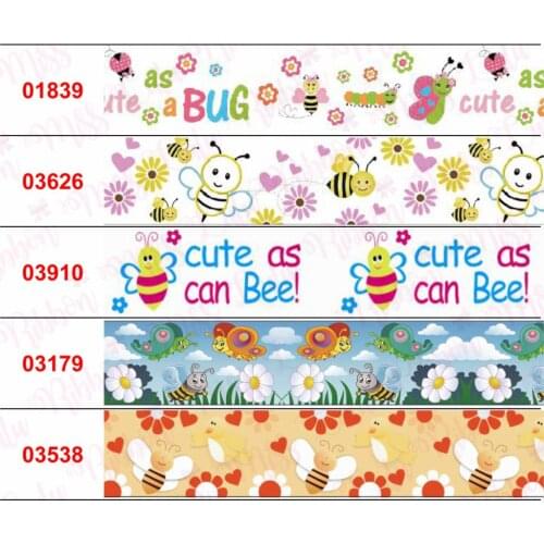 16mm-75mm Cartoon Bee Series Flower Heart Star Printed Grosgrain/Elastic Ribbon Geometric DIY Hair Bowknot 50yards/roll