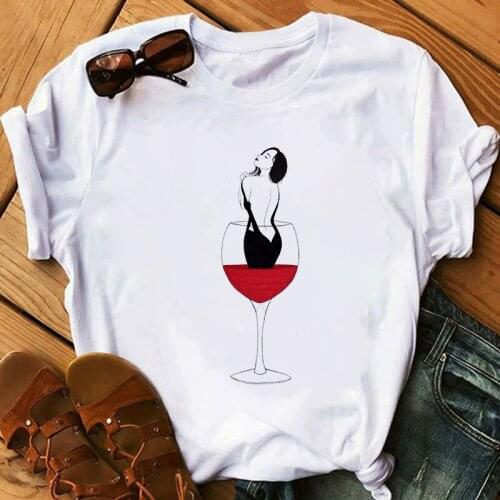 Fashion Women T Shirt Wine Glass Printed Short Sleeve T shirt Women Funny Top T Graphic Female Tee Streetwear Clothes Brand
