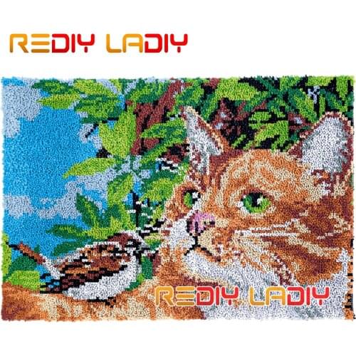 Latch Hook Kits Cat with Birds DIY Carpet Rug Needlework Plush Wall Hanging Chunky Yarn Art Crocheted Floor Mat Hobby & Crafts