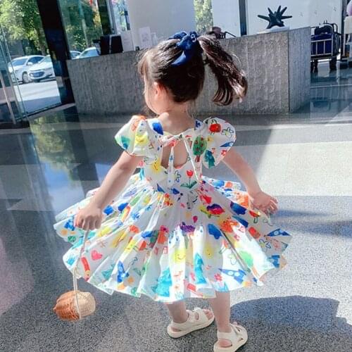 Girls Casual Wear 2021 New Fashion Puff Sleeve Printed Princess Dress Girl Sweet Costume Cute Costume Baby Girl 2-5 Years Old