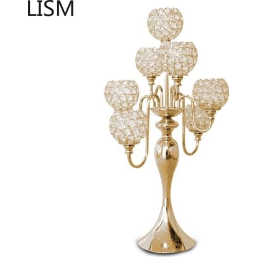 Retro Crystal Candle Holder Gold 7 Head Candlestick Wedding Centerpieces Candelabra Bougeoir Creative European Decor Tea Light