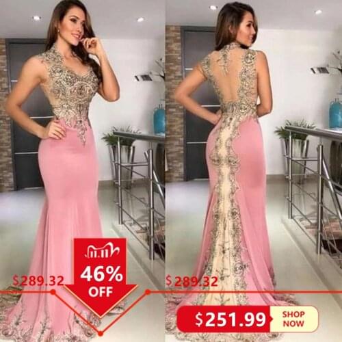 Luxury Full Beads Stones Mermaid Lace Prom Dresses 2021 Sexy Illusion Back Pink Evening Party Dresses Vestido de Festa