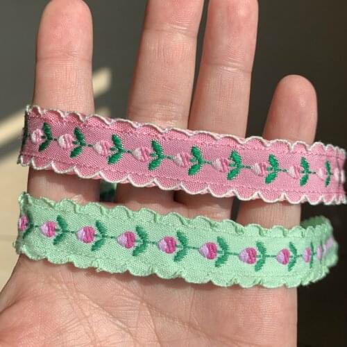 ZERZEEMOOY 5/8 INCH 17mm 3yard/pack Pink And Green Conjoined Flowers Handmade Jacquard Ribbon Lace MJZD19120607