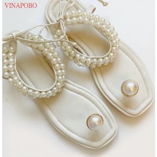 Pearl Flip Flops Women Flat Shoes Square Toe Ankle Strap Sandals Female Fashion Summer Slipper Back Bow Designer Show Woman 2020