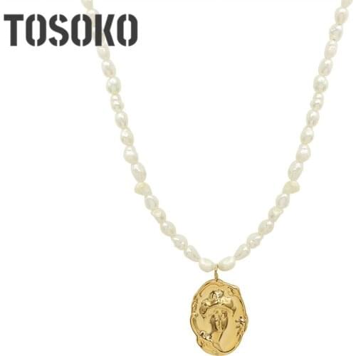 TOSOKO Stainless Steel Embossed Female Head Retro Pendant Collarbone Chain Womens Fashion Freshwater Pearl Necklace BSP1127