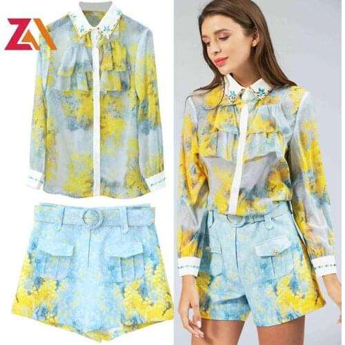 ZALady Designer Shirt And Shorts Set Women Aesthetic Printed Ruffles Long Sleeve Casual Diamond Blouses Shorts Plus Size 2XL
