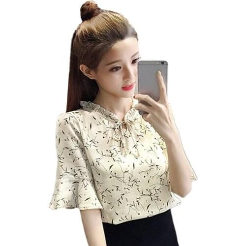 ZB2554 spring and summer 2019 new women fashion Loose thin short-sleeved v-neck chiffon shirt cheap wholesale